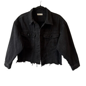 Elia Cher Women’s 4/6 Trucker Black Denim Raw Cropped Jacket Boho Grunge Y2K